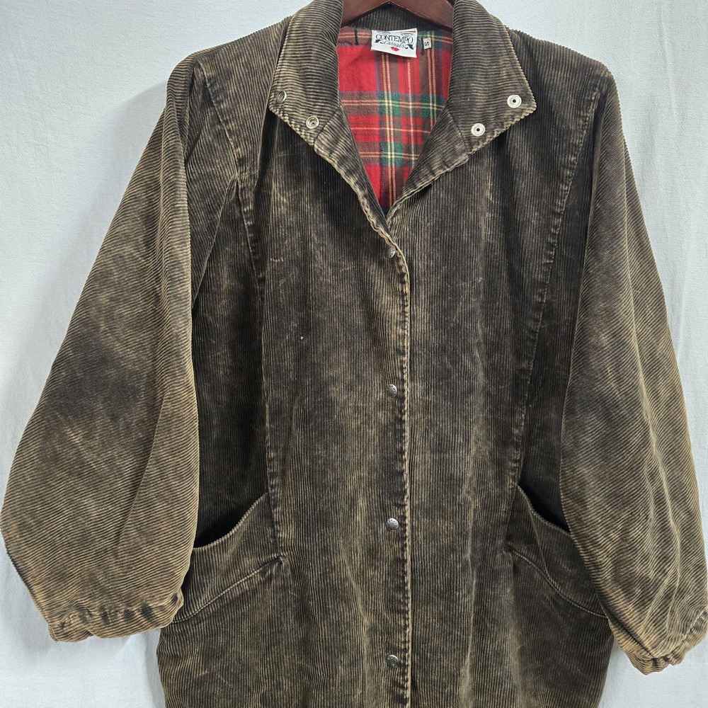 VTG Contempo Casuals Oversized Small Corduroy Trench Coat Jacket Red Plaid Lined